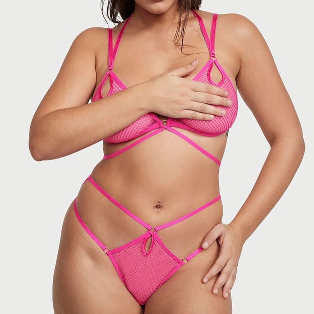 Victoria Secret NEW Fishnet Mesh Unlined Strappy Teddy Pink RAVE Body harness